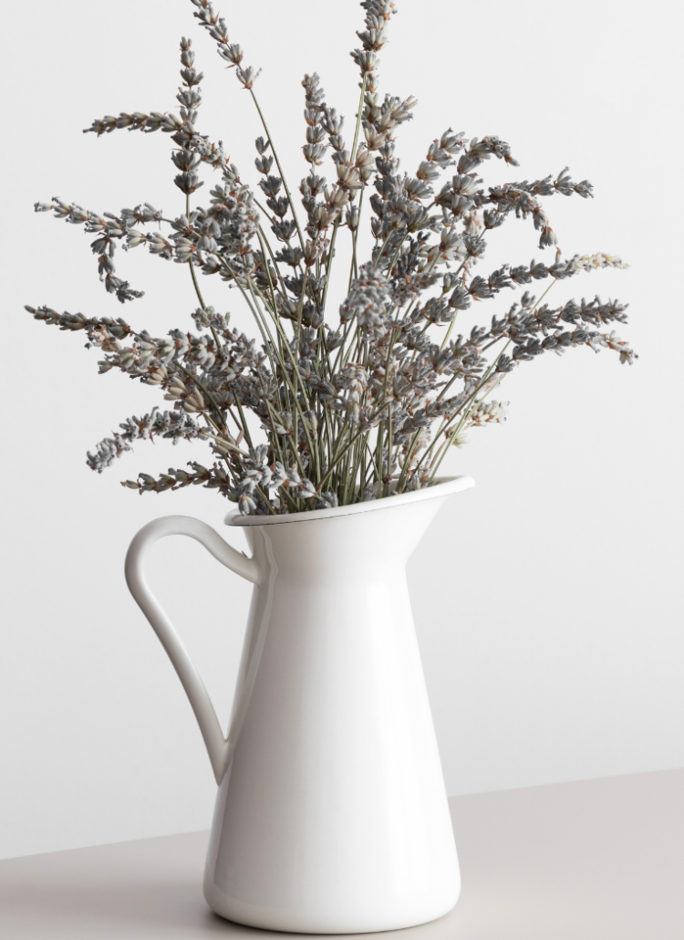 Lavender stems in white pitcher sitting on table