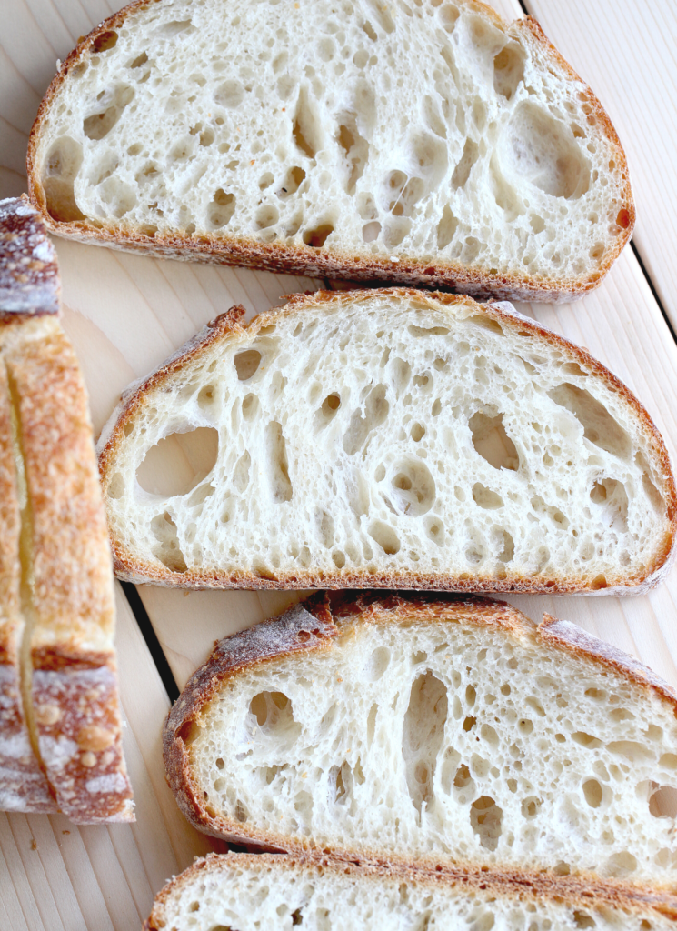 Baked sourdough bread slices used to show a product made by using the starter mentioned in this guide.