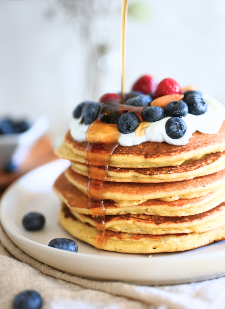 stack of pancakes with fruit